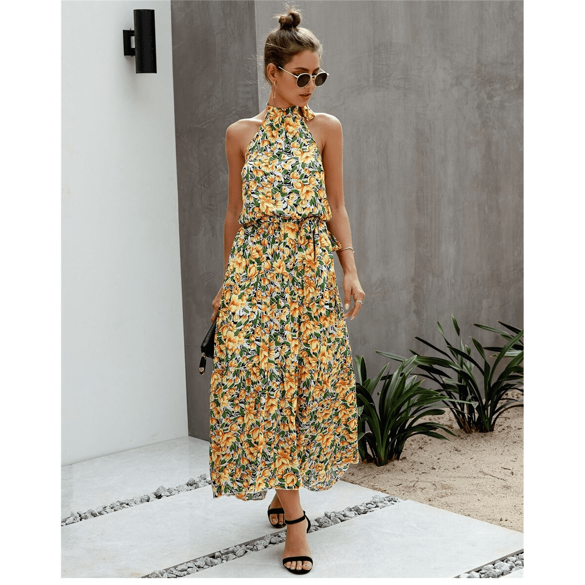 Robe Bohème Fleurs Jaune Vert