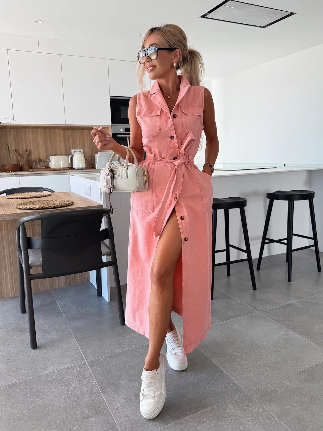 Chic Robe en Denim sans manche à col-V