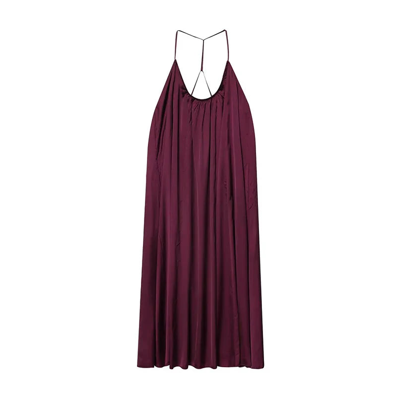 Robe Élégante en Satin Sans Manches à Col Halter Sexy