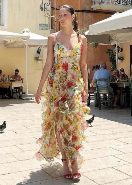 Robe Jaune Longue a Volants Chic