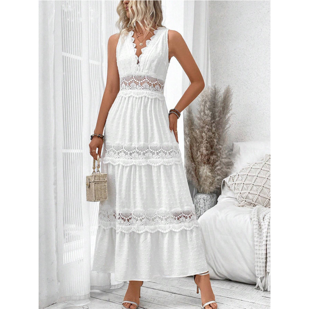 Éloïse – Robe Sans Manches à Encolure V en Dentelle Couture