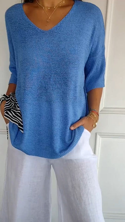 Pull Col V à Manches 3/4 – Élégance et Confort