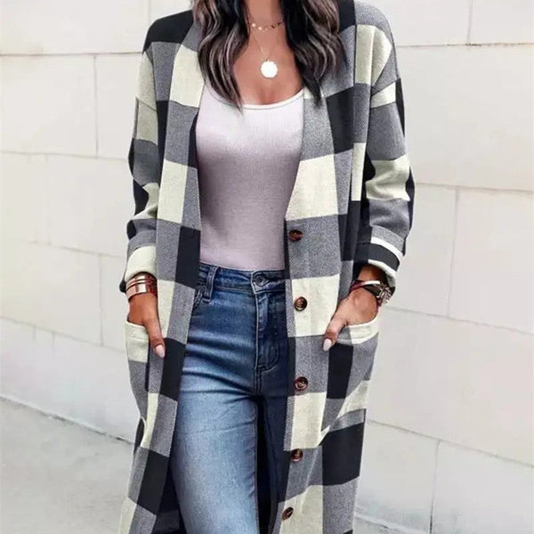 Cardigan tendance en carreaux à boutons avec poches