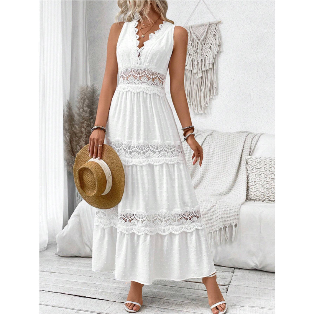 Éloïse – Robe Sans Manches à Encolure V en Dentelle Couture