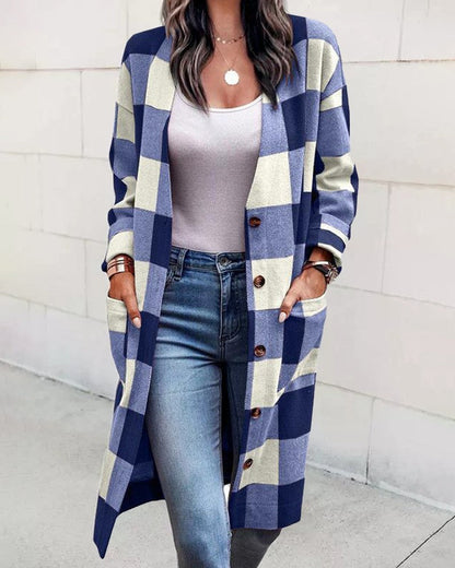 Cardigan tendance en carreaux à boutons avec poches