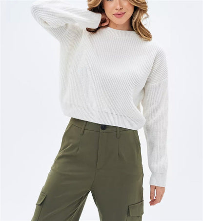 Pull-over ample à col rond uni pour femme
