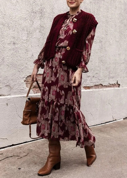 Robe bohème vintage en mousseline à imprimé fleuri rouge