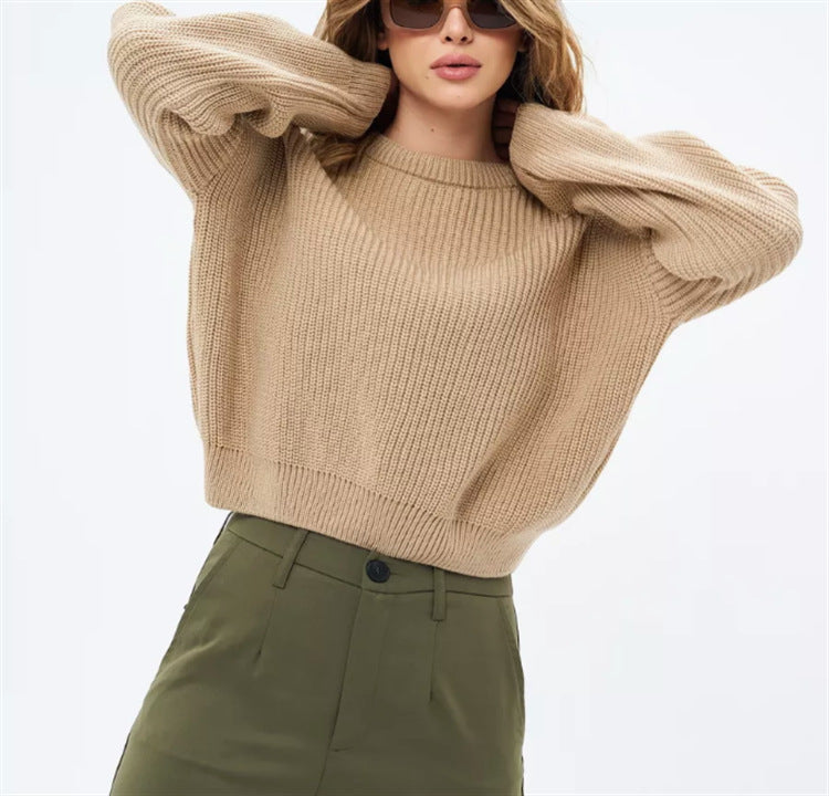 Pull-over ample à col rond uni pour femme