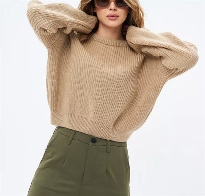 Pull-over ample à col rond uni pour femme