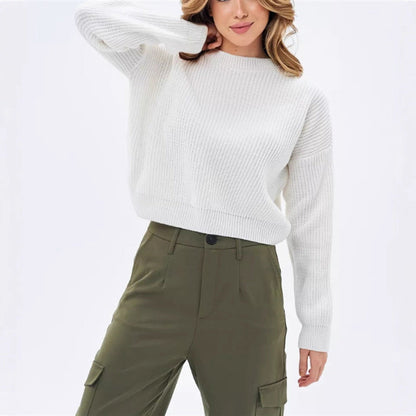 Pull-over ample à col rond uni pour femme