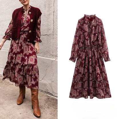 Robe bohème vintage en mousseline à imprimé fleuri rouge