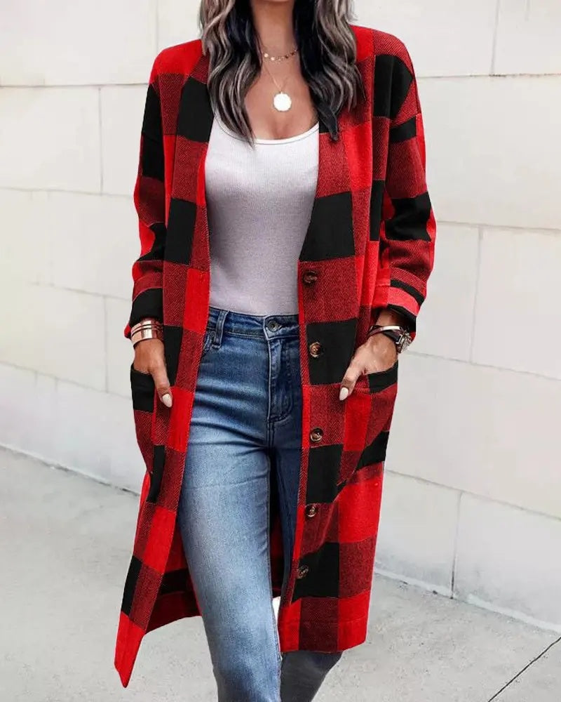 Cardigan tendance en carreaux à boutons avec poches