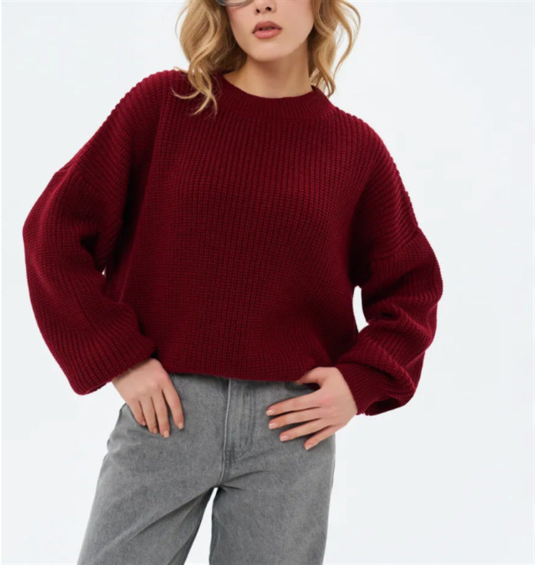 Pull-over ample à col rond uni pour femme