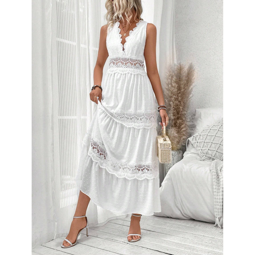 Éloïse – Robe Sans Manches à Encolure V en Dentelle Couture