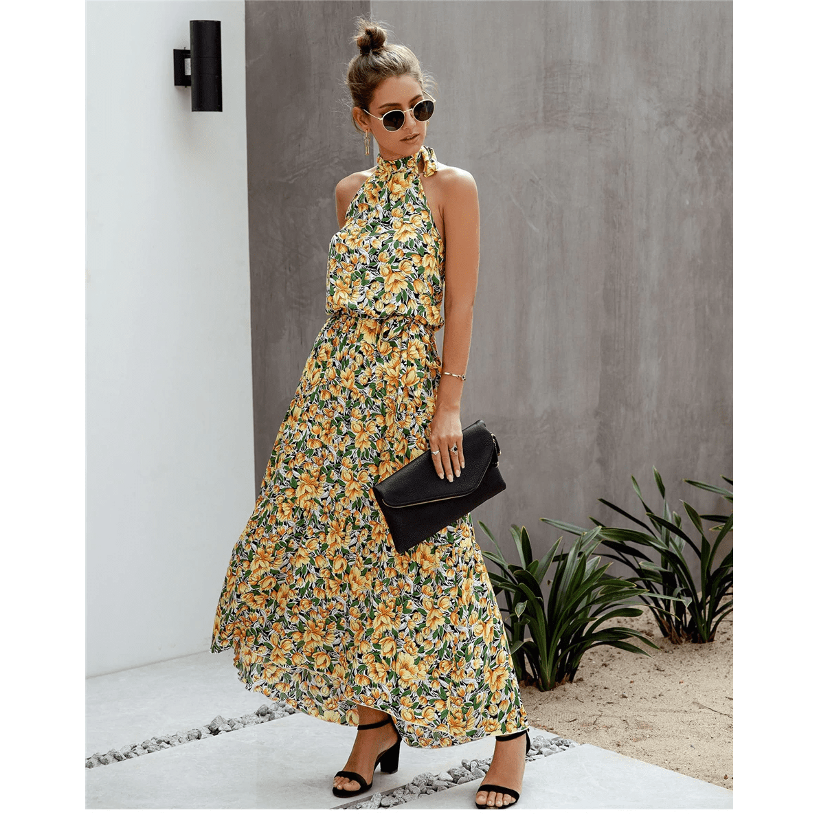 Robe Bohème Fleurs Jaune Vert