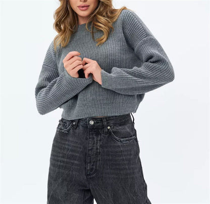 Pull-over ample à col rond uni pour femme