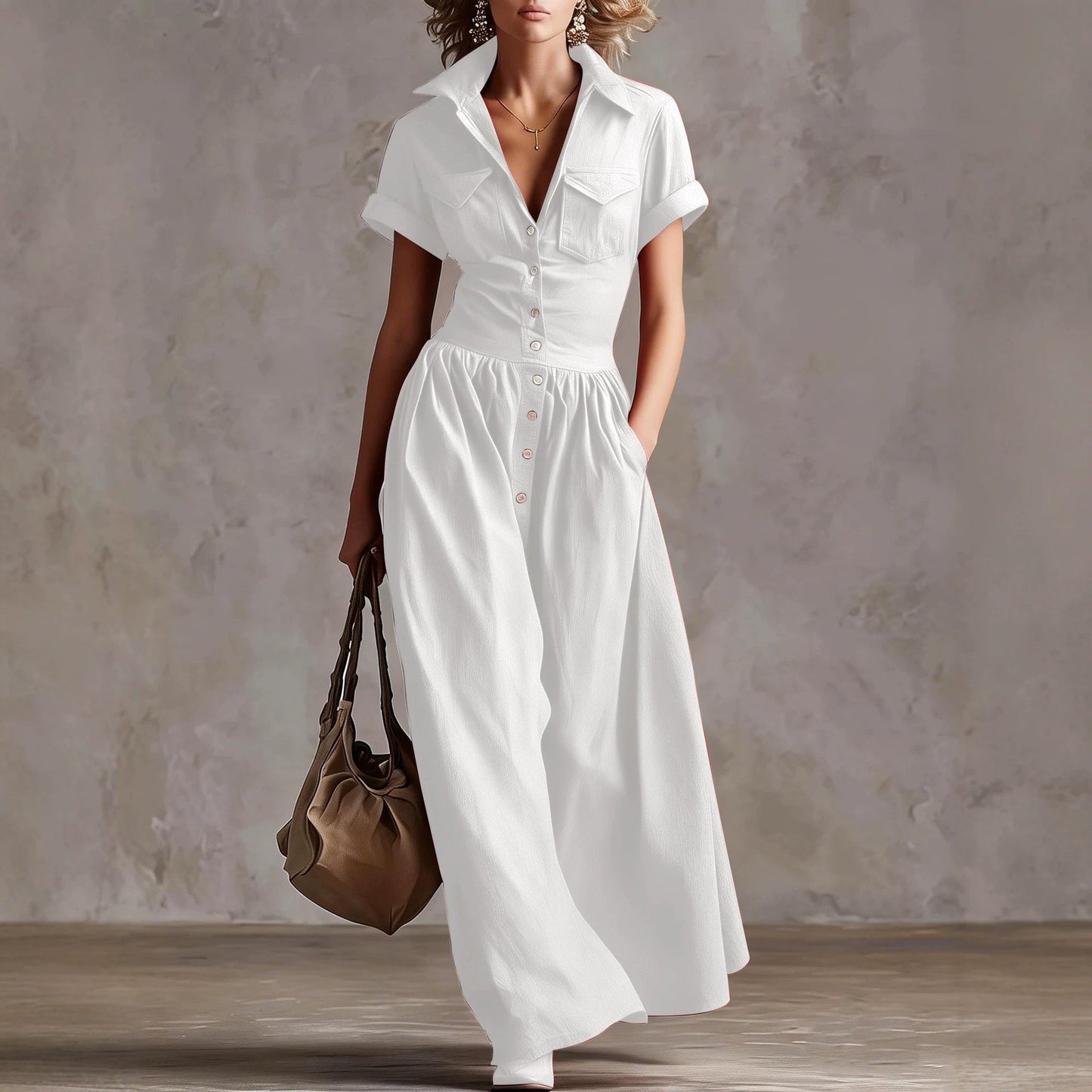 Robe Longue Élégante à Manches Courtes