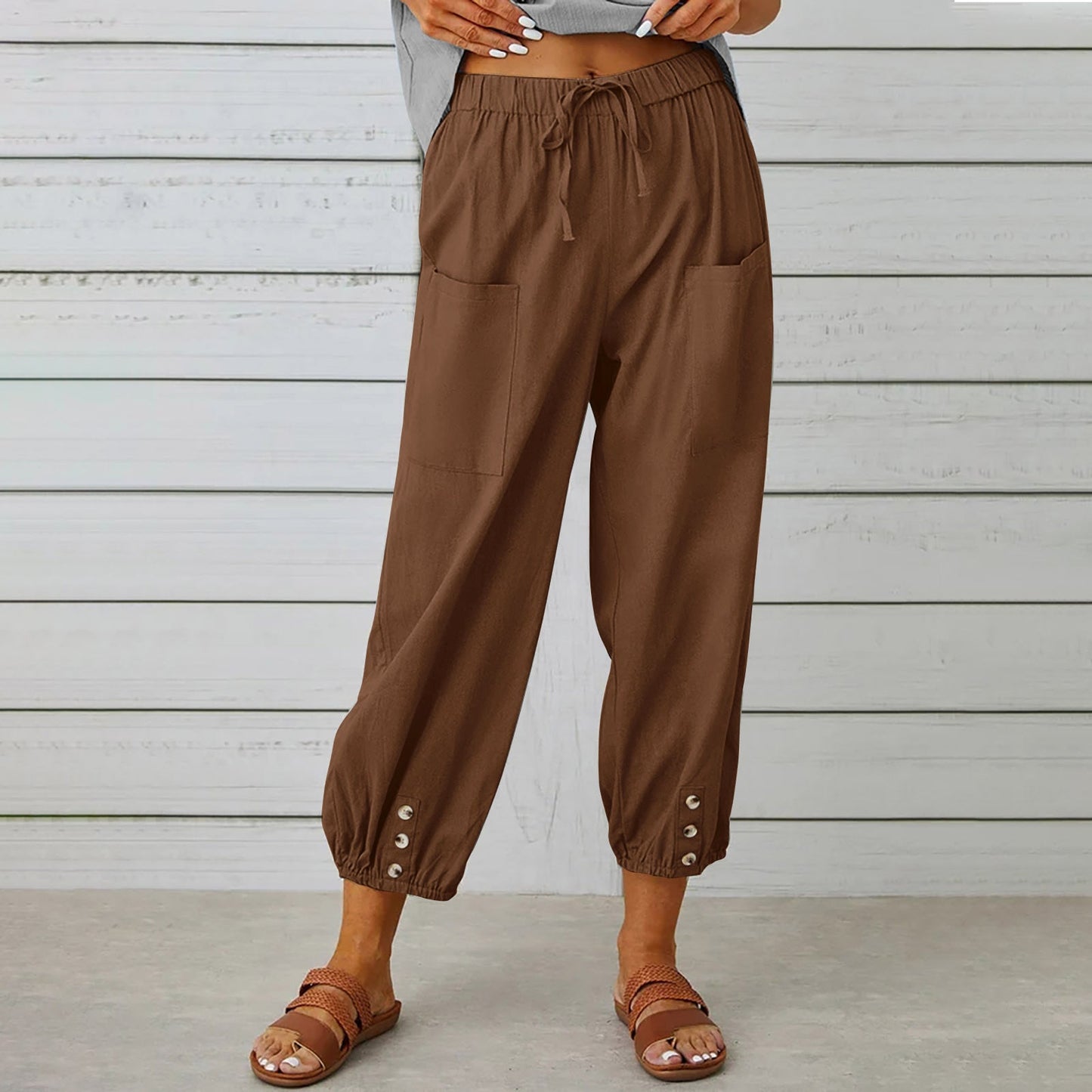 Pantalon à cordon de serrage en coton et lin