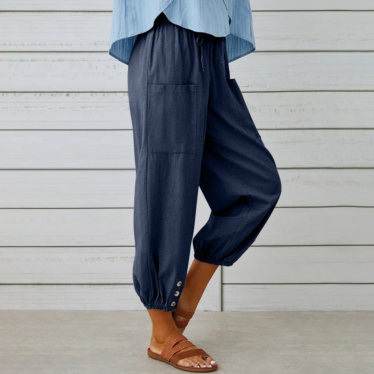 Pantalon à cordon de serrage en coton et lin