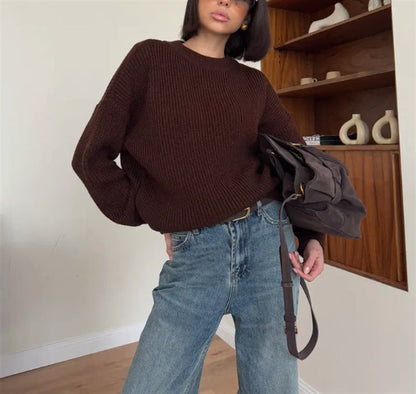 Pull-over ample à col rond uni pour femme