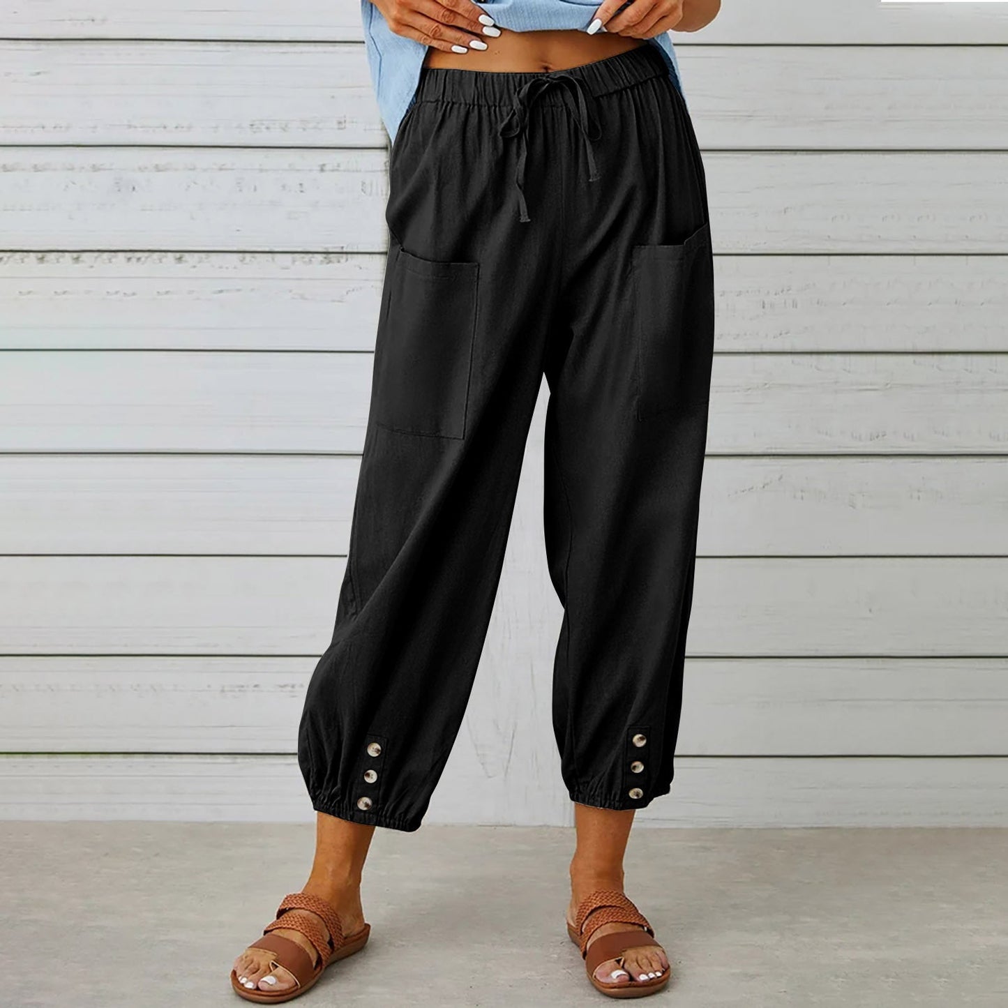 Pantalon à cordon de serrage en coton et lin