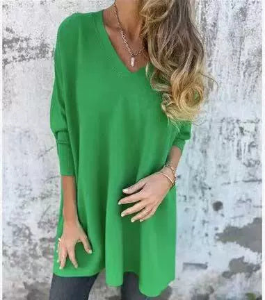 Chemise Longue Tricotée à Col V & Manches Longues