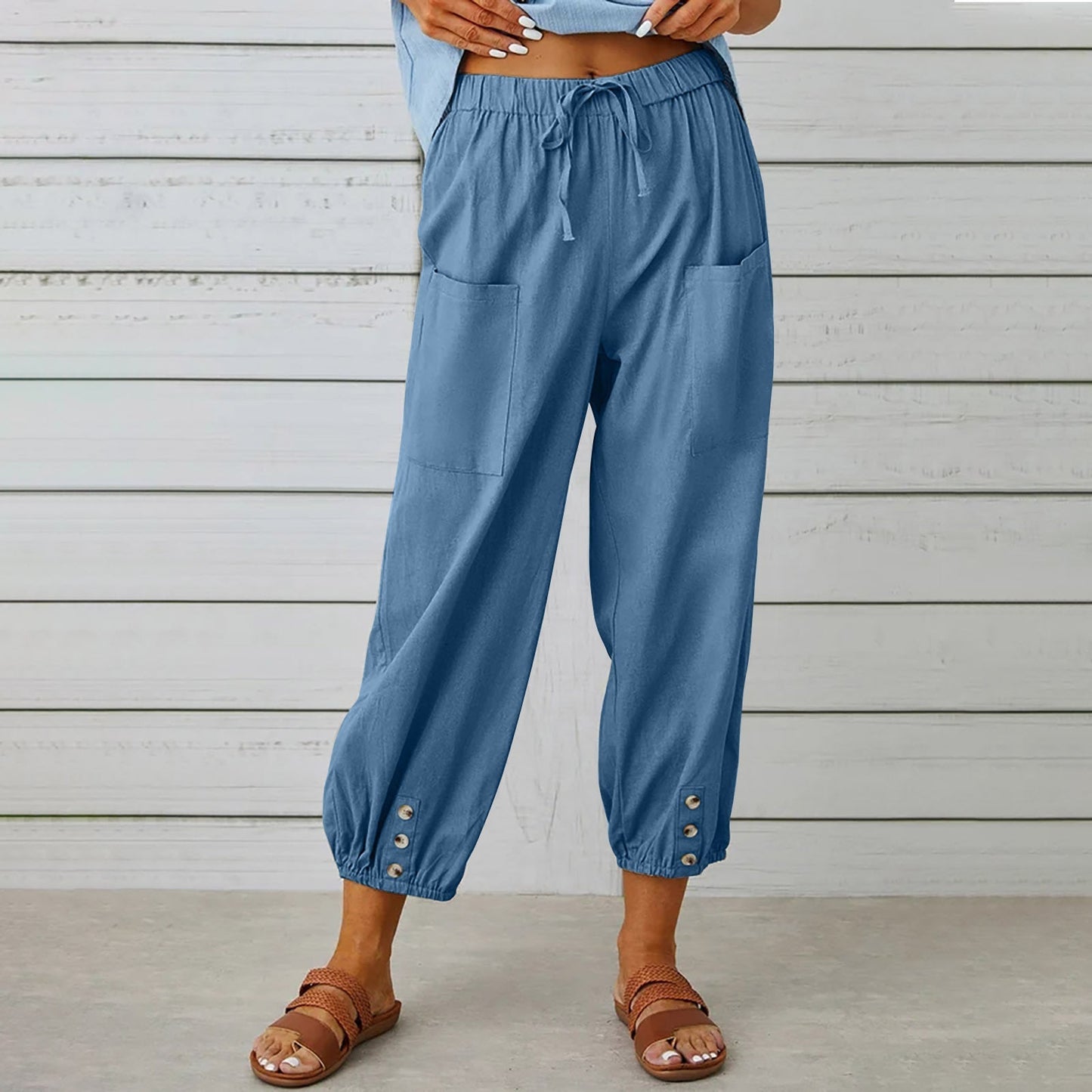 Pantalon à cordon de serrage en coton et lin