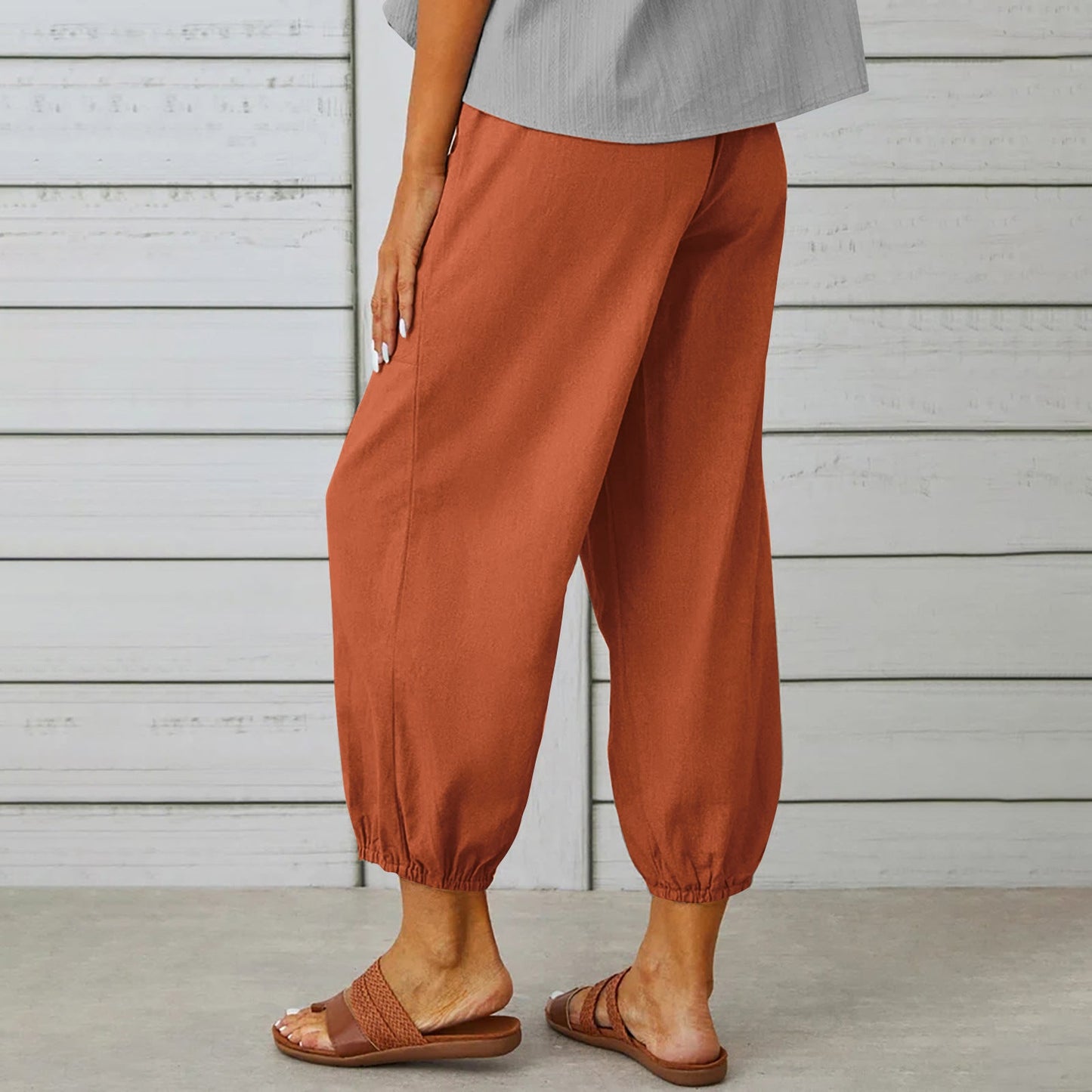 Pantalon à cordon de serrage en coton et lin