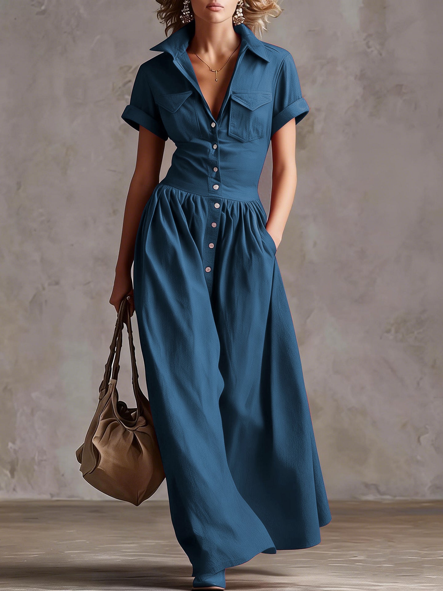 Robe Longue Élégante à Manches Courtes