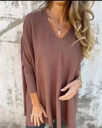 Chemise Longue Tricotée à Col V & Manches Longues