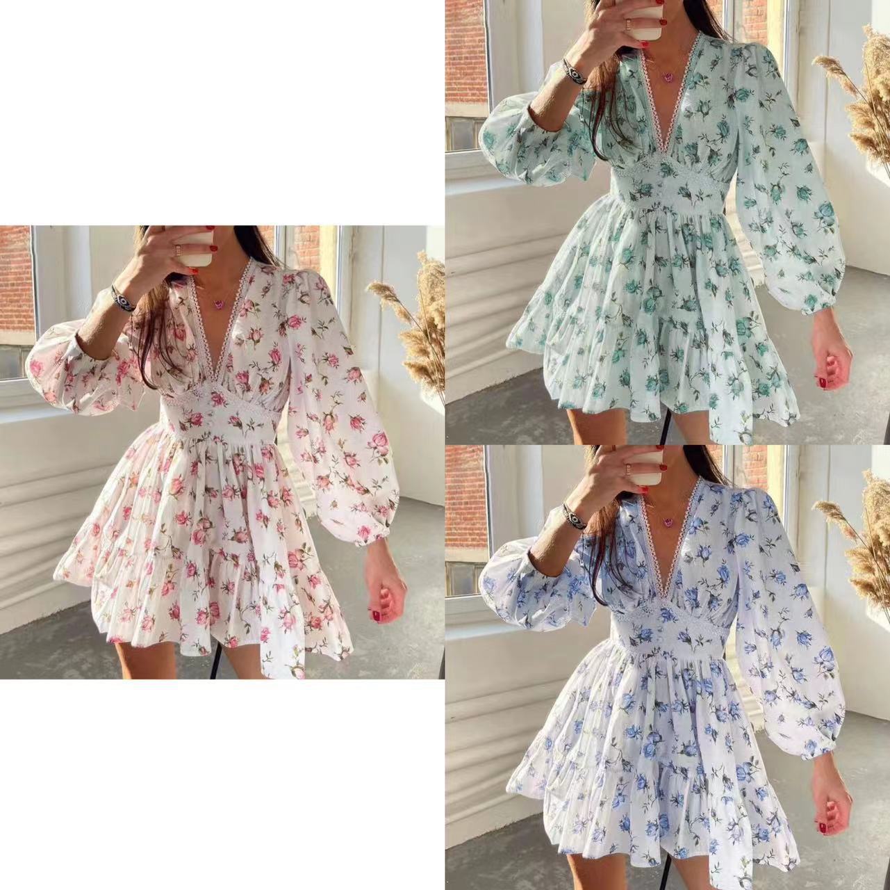 Lina – Robe à Imprimé Léger avec Décolleté en V et Dentelle Romantique