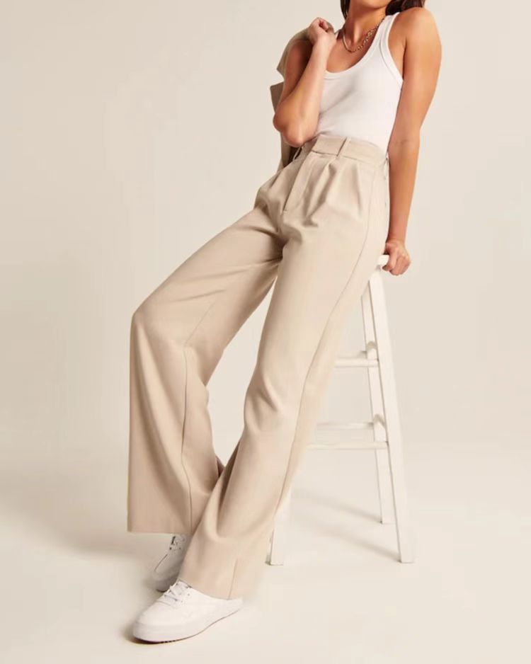 Pantalon droit taille haute  décontracté à jambes larges