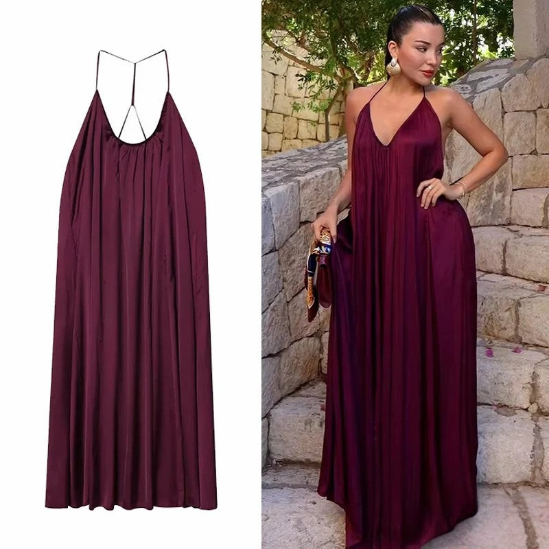 Robe Élégante en Satin Sans Manches à Col Halter Sexy