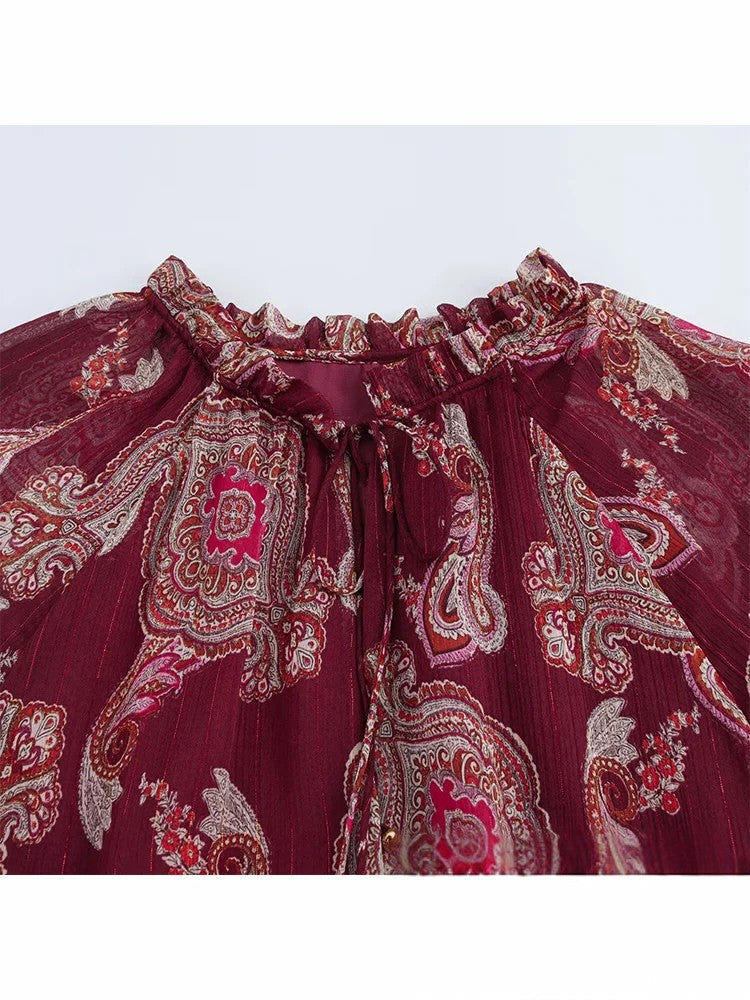 Robe bohème vintage en mousseline à imprimé fleuri rouge