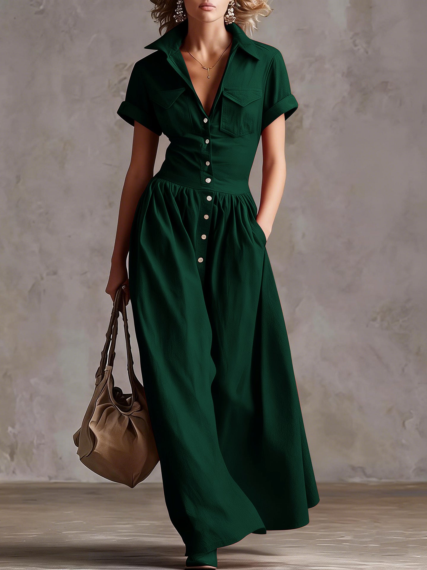 Robe Longue Élégante à Manches Courtes