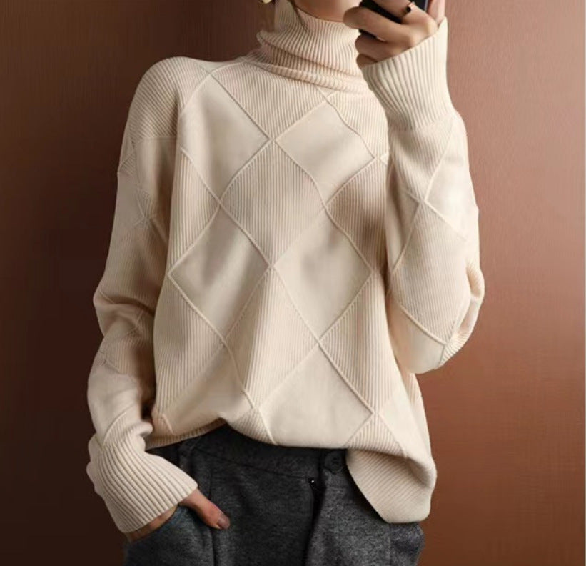 Pull Col Roulé à Motif Losange Texturé