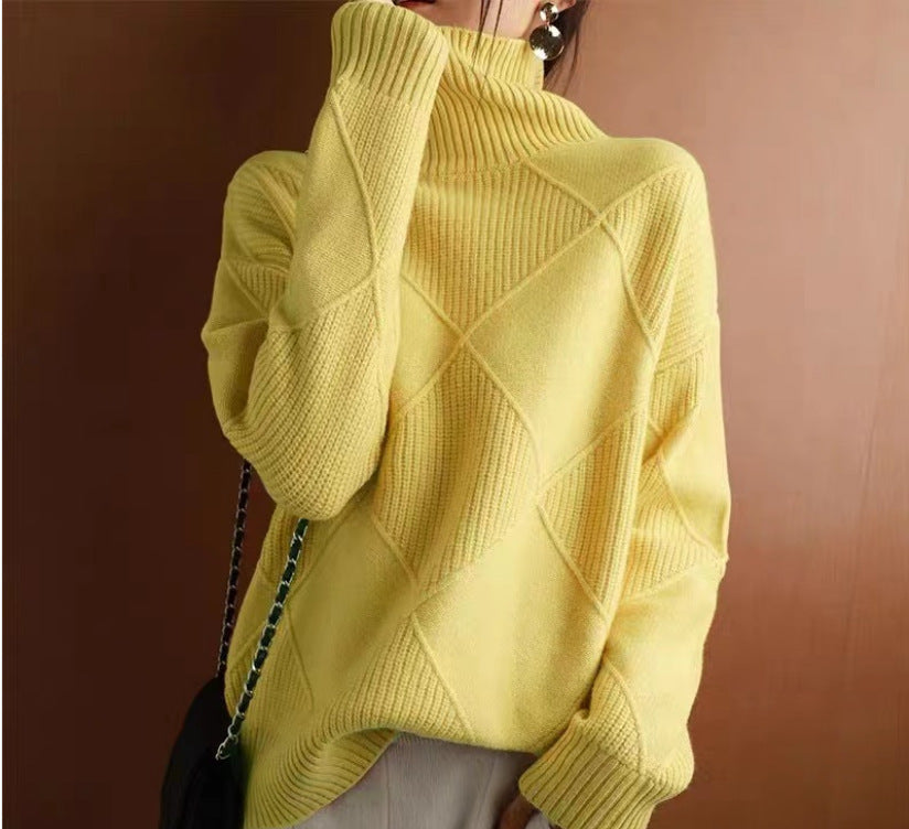 Pull Col Roulé à Motif Losange Texturé
