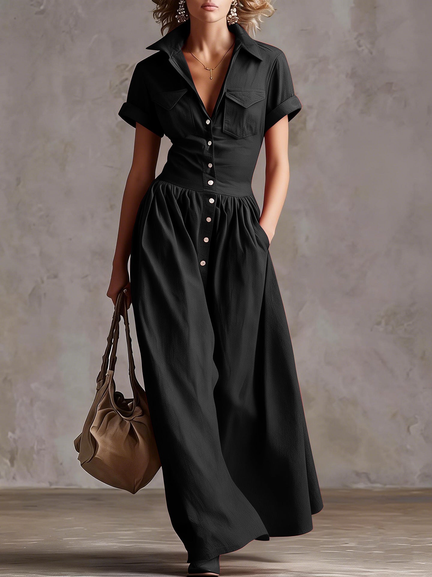 Robe Longue Élégante à Manches Courtes