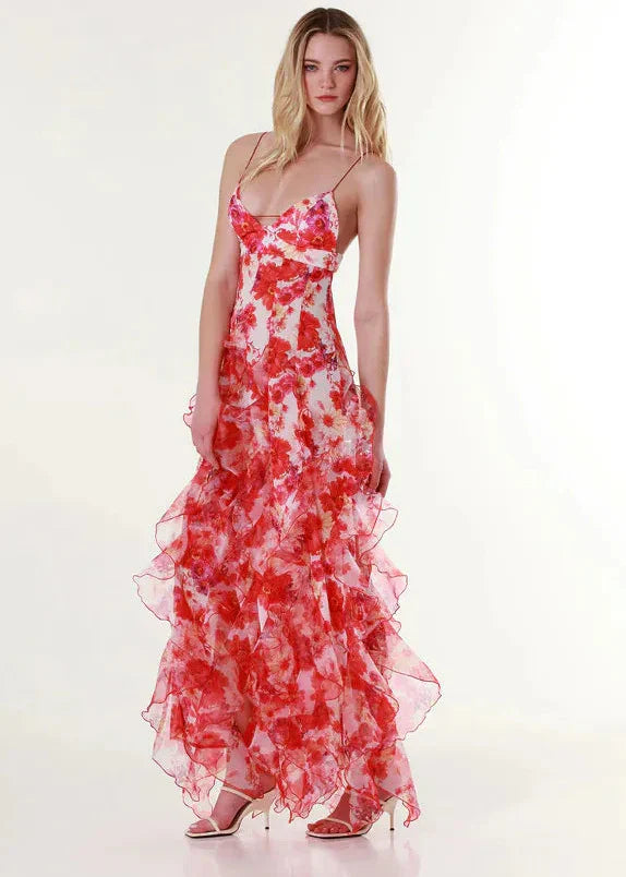 Robe Longue Évasée à Épaules Dénudées et Imprimé Fleuri