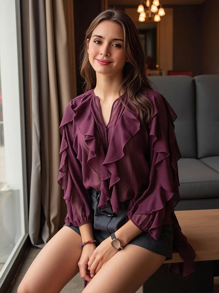 Blouse Femme Transparente à Volants avec Col V Chic