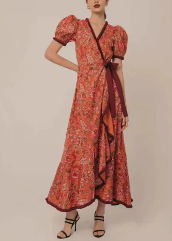 Robe Longue Rétro à Imprimé Fleuri avec Lacets et Col en V