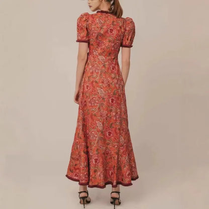 Robe Longue Rétro à Imprimé Fleuri avec Lacets et Col en V