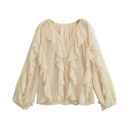 Blouse Femme Transparente à Volants avec Col V Chic
