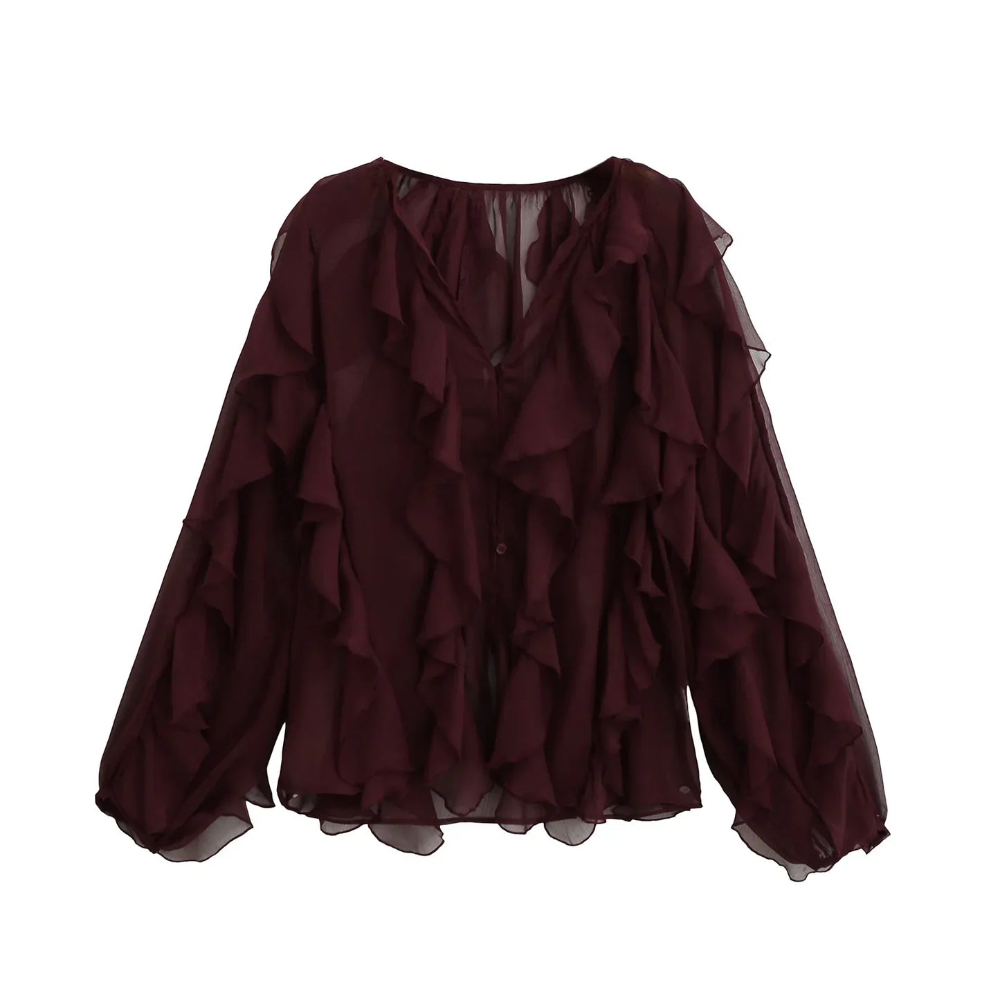 Blouse Femme Transparente à Volants avec Col V Chic