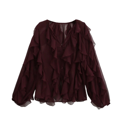 Blouse Femme Transparente à Volants avec Col V Chic