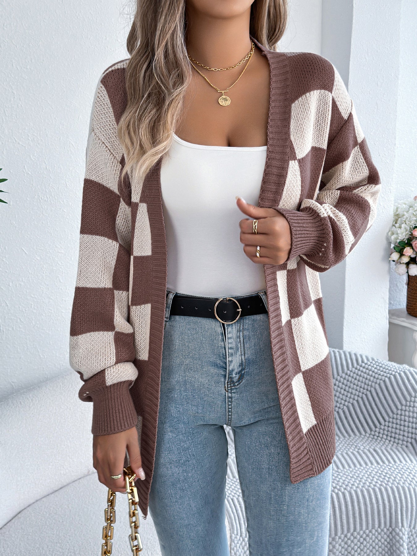 Cardigan Tendance à Carreaux Modernes
