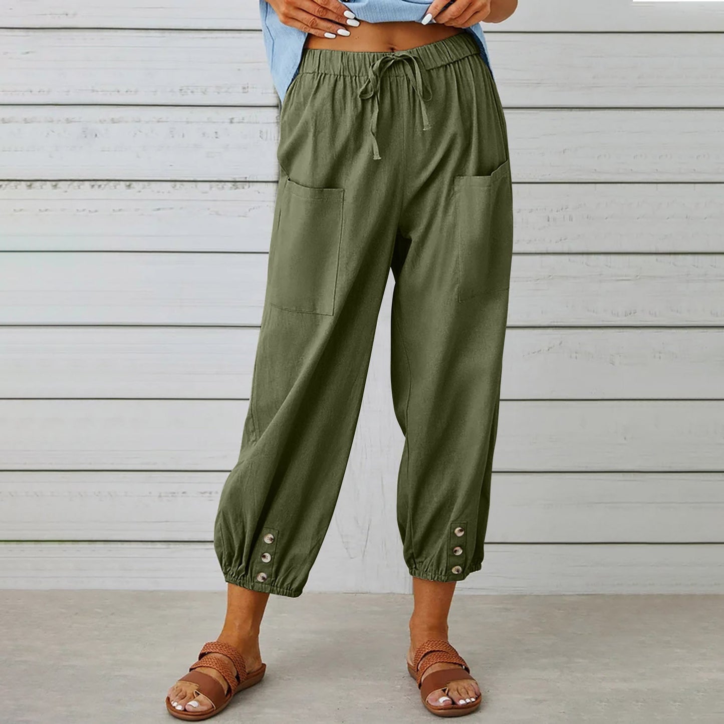 Pantalon à cordon de serrage en coton et lin