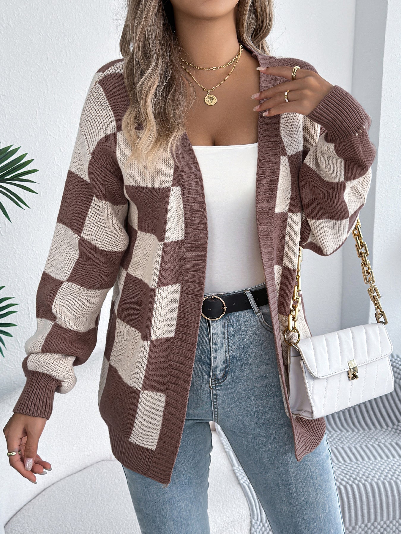 Cardigan Tendance à Carreaux Modernes