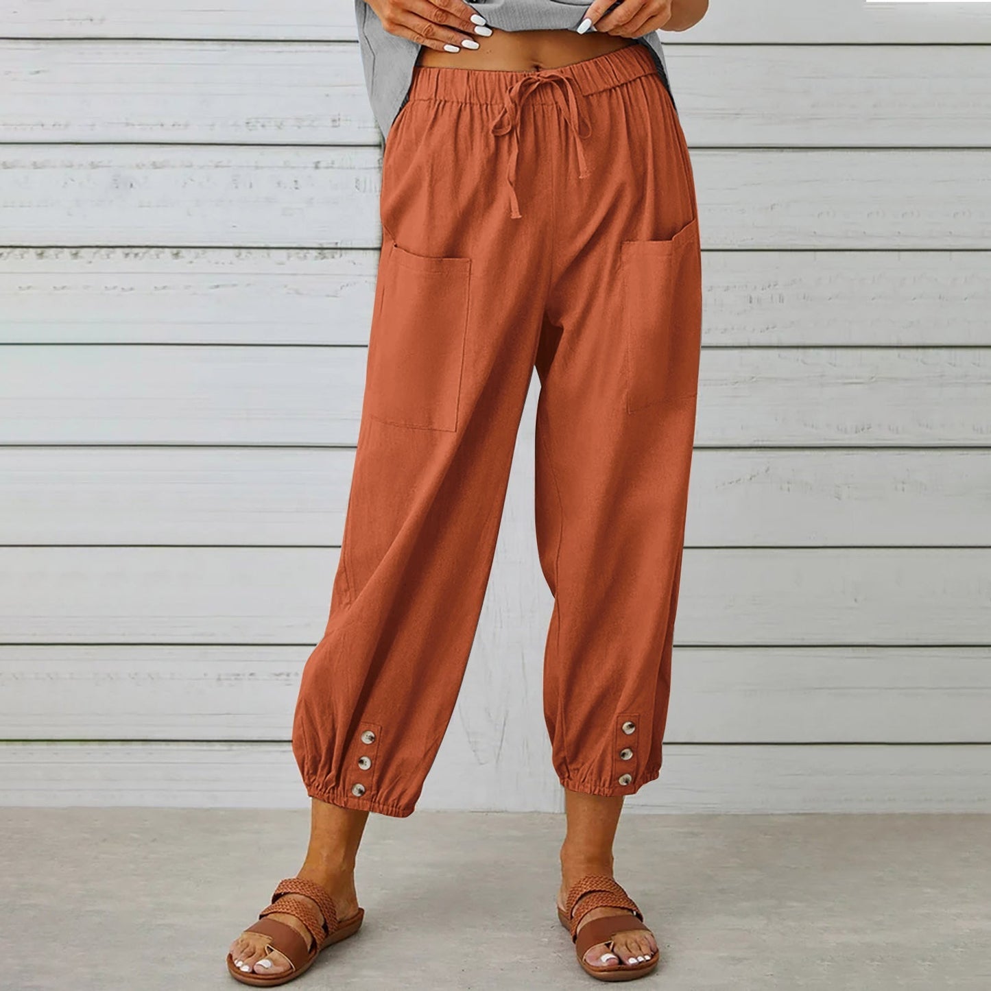 Pantalon à cordon de serrage en coton et lin