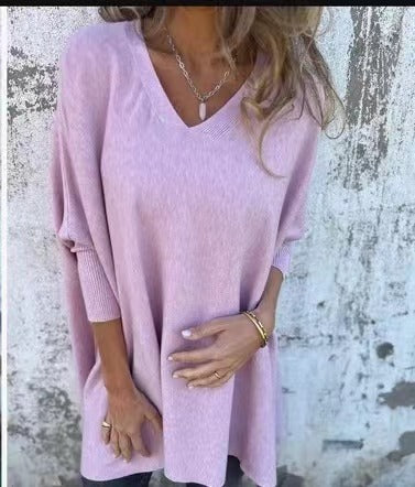 Chemise Longue Tricotée à Col V & Manches Longues